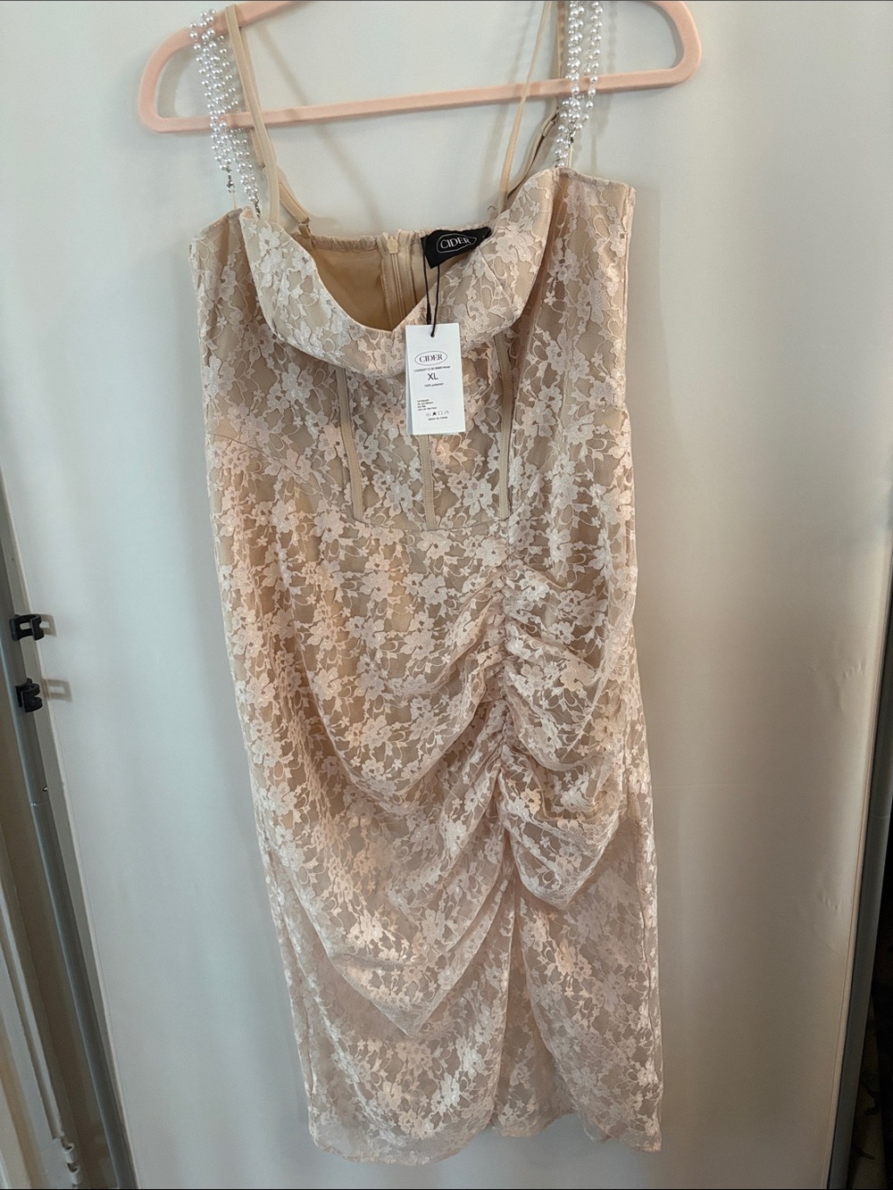 Cider Beige Lace Midi Dress with Pearl Straps